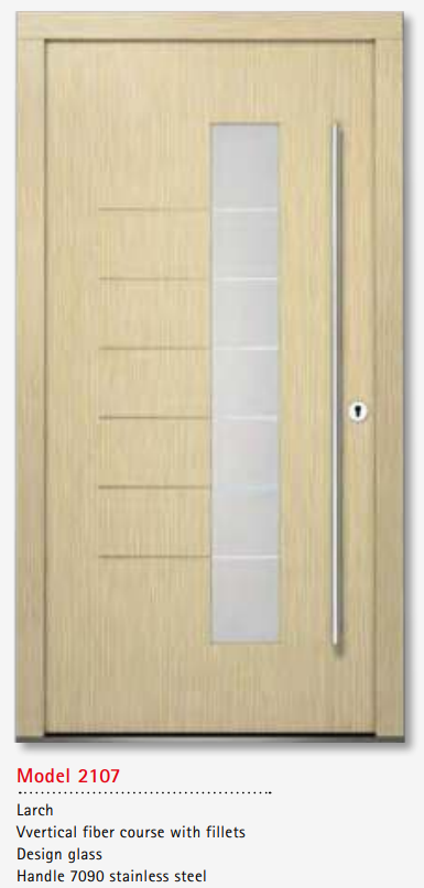 UNILUX Model 2107 Larch Door, Vertical Fiber with Fillet, Designer Glass, Security Features, Custom Timber Entry